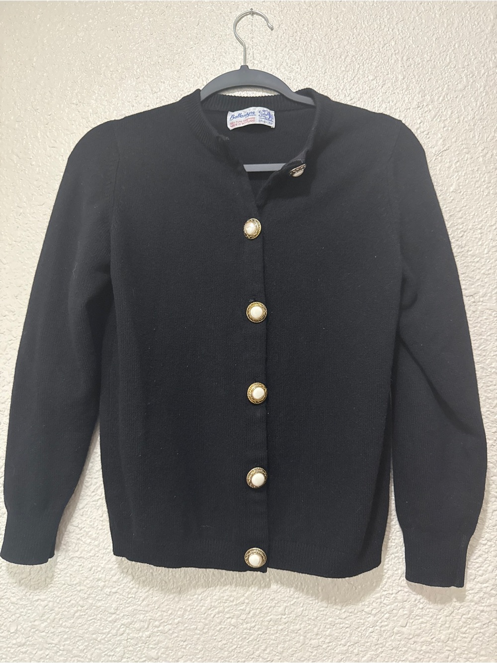 Ballantyne Black Cardigan with Gold-Trim Pearl Buttons